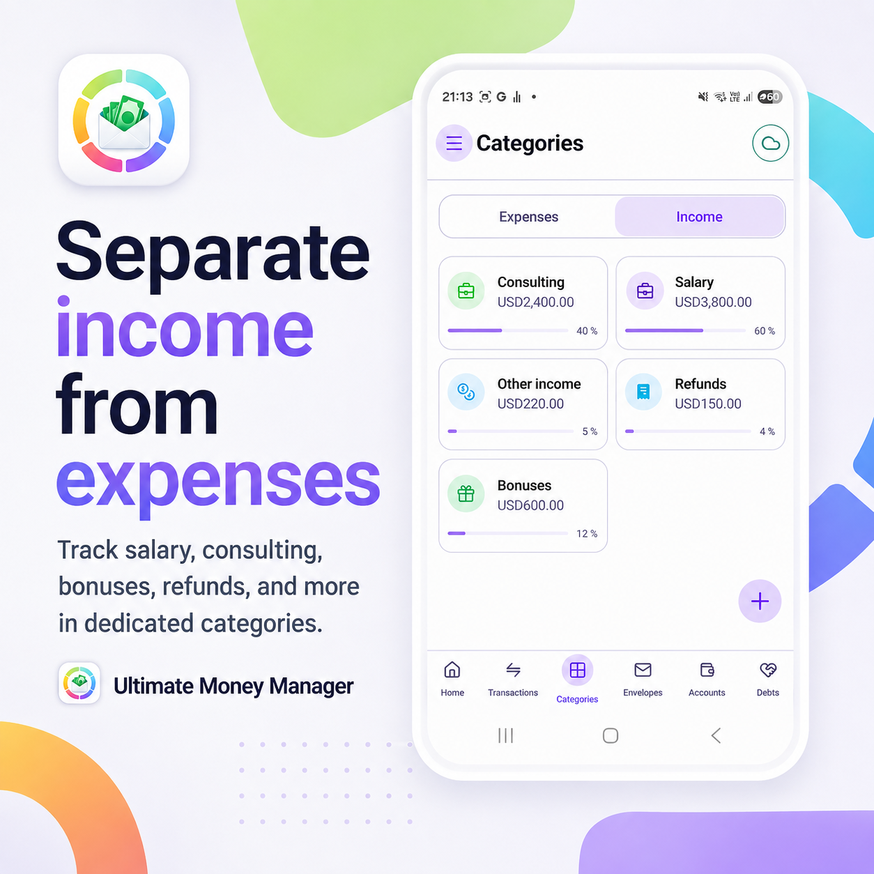 Separate income from expenses — Income categories
